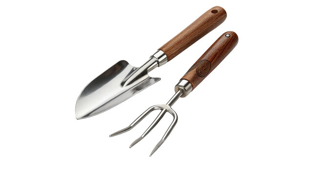 Miniature small metal hand shovel and trowel gardening tools isolated on transparent background