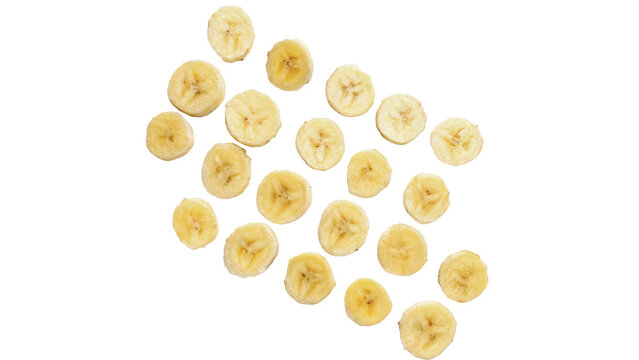 Scatter pattern layout of round fresh banana slices fruit snack isolated on transparent background