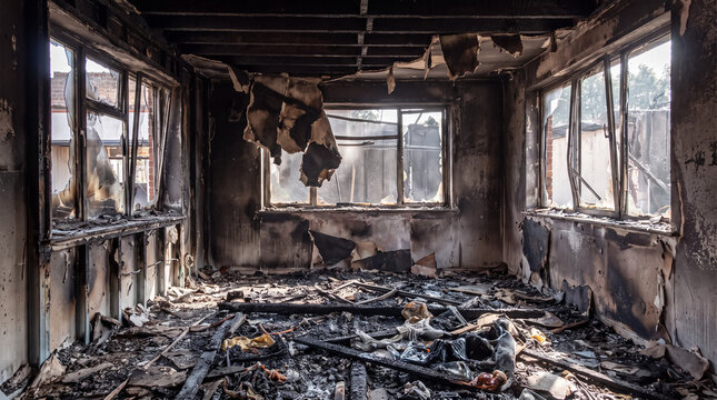 Burnt house interior showing severe fire damage, destroyed room, and debris after a devastating disaster