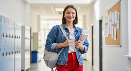 Obraz na płótnie Canvas Smiling young woman in a denim jacket and red pants holds books in a school hallway lined with lockers, symbolizing education and learning