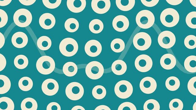 teal background with cream donut rings pattern and a wavy line moving across   