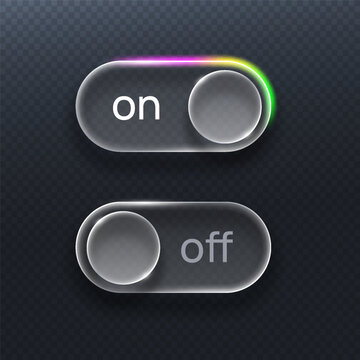 Neon glassmorphism vector toggle switch buttons. Transparent frosted glass UI on and off sliders with colorful glow isolated on dark transparent background