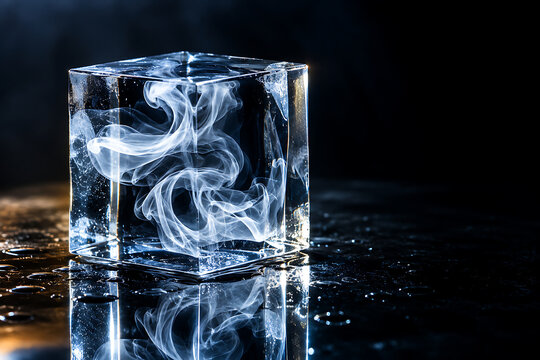 Ethereal white smoke swirling inside a transparent crystal ice cube