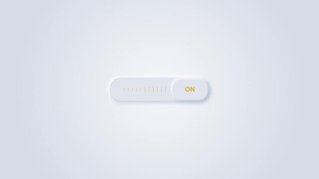 minimalist white neomorphic toggle switch animation sliding from off to on state with yellow text