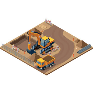 Excavator and dump truck in construction site