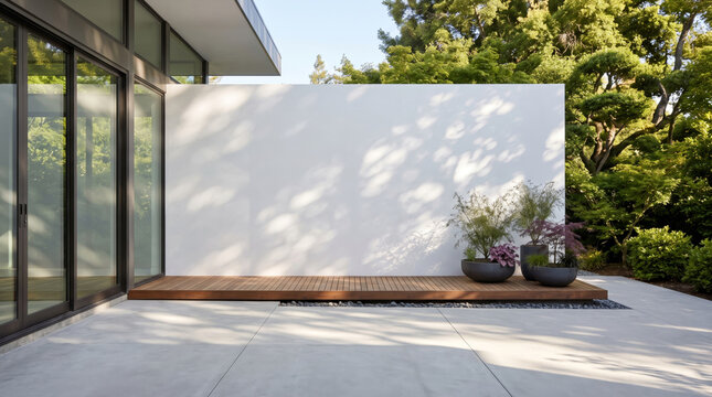 Modern minimalist patio with blank white wall and wooden deck
