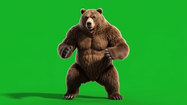 Cartoon muscular brown bear performing a shuffle dance on a green screen