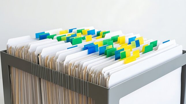 Hanging file folders with colorful tabs in a gray storage crate for office organization, business document storage, and data archiving system on white background