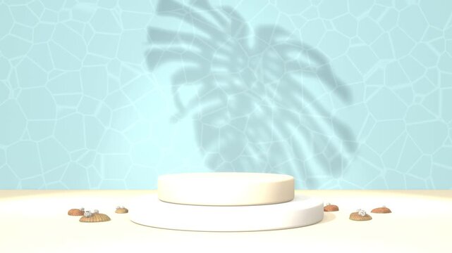 Beach podium seamless loop summer palm leaf shadow sand shells light blue product stage a white pedestal stands on sand with a tropical shadow for summer sales product showcases and cosmetics ads