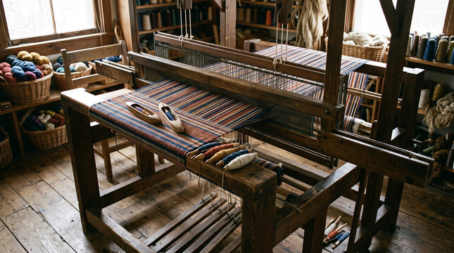 Wooden Floor Loom Weaving Striped Cloth