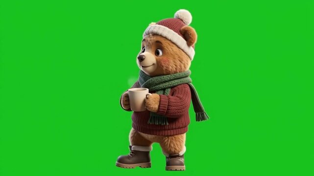 Cute bear dancing on green screen, holding a hot drink, wearing winter clothes