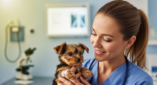 A veterinarian lovingly holds a tiny Yorkshire Terrier puppy with a bandage on its paw, symbolizing care and compassion in animal treatment.