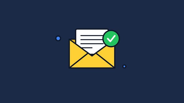 Yellow envelope opening smoothly against a dark blue background with glowing green checkmark symbol revealing important corporate correspondence containing text inside