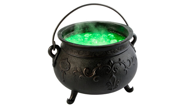 Spooky Halloween witch cauldron with bubbling glowing green magic potion asset isolated on transparent background