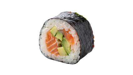 Single traditional Japanese maki sushi roll with salmon avocado cucumber seafood isolated on transparent background © Brooks