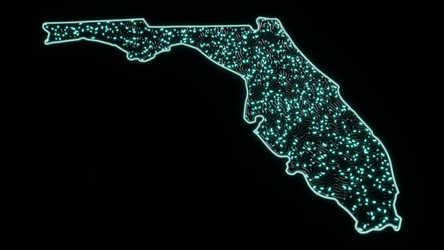 Florida map glowing aqua outline neural maze pattern state shape dark a USA state silhouette filled with bright winding lines for election graphics news reports tech presentations and business slides