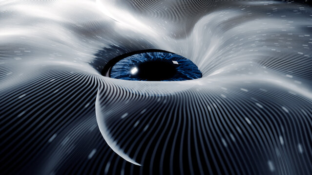 Icy eye vortex silver blue iris swirling lines surreal abstract hypnotic a calm eye peers from a white whirlpool of fine threads for book covers game art sci fi posters music covers and horror promos