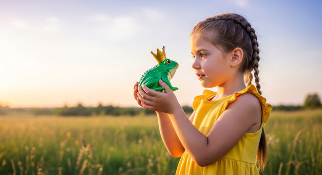 Young girl holds a green frog toy wearing a golden crown in a sunlit grassy field, symbolizing imagination, fairy tales, and childhood wonder