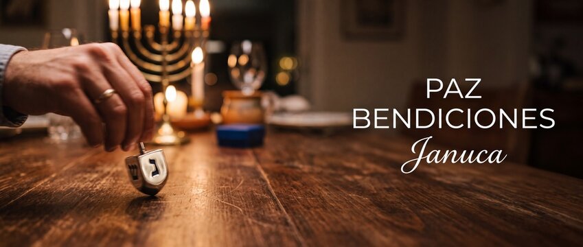 Hanukkah dreidel menorah spinning table with lit candles during Chanukah holiday celebration, featuring Spanish text greeting Paz Bendiciones Januca for festive Jewish peace and blessings tradition