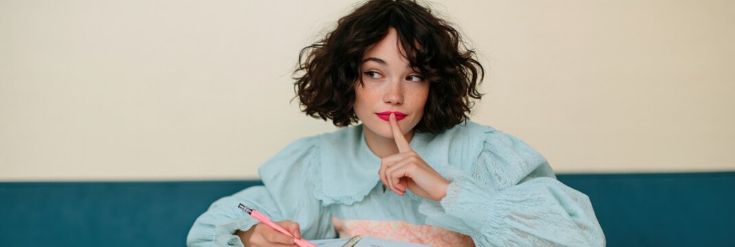 Young thoughtful woman with pen poised over notebook in a pastel outfit for study planning and creative idea sketching background
