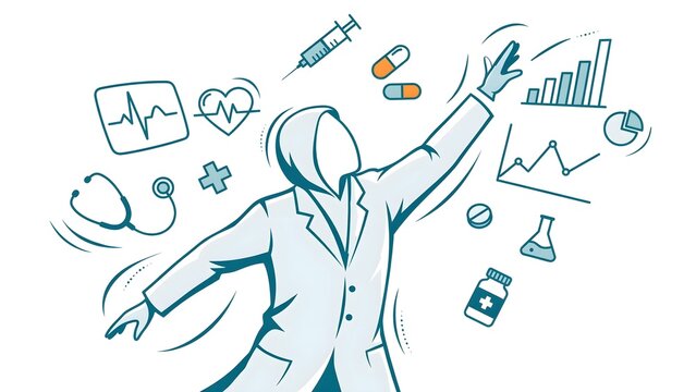 Alegria Doctors Lab Coat Dynamic Arm Movements Flying Medical Charts Syringes Heart Monitors Pharma Icons Teal Orange Isolated White