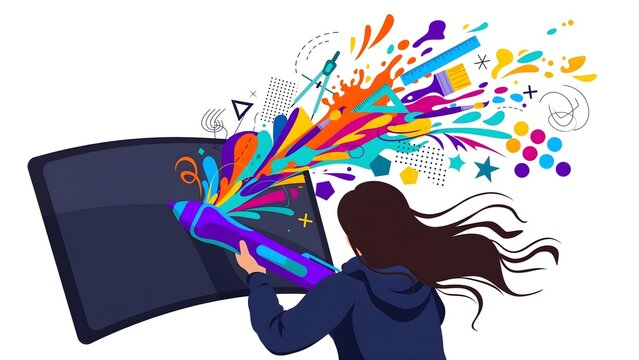 Creative Artist Sitting Oversized Pen Digital Tablet Floating Abstract Comic Panels Colorful Ink Splashes Creative Sparks Dynamic Pose