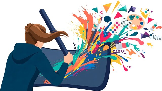 Creative Artist Sitting Oversized Pen Digital Tablet Floating Abstract Comic Panels Colorful Ink Splashes Creative Sparks Dynamic Pose