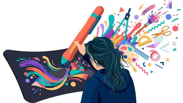 Creative Artist Sitting Oversized Pen Digital Tablet Floating Abstract Comic Panels Colorful Ink Splashes Creative Sparks Dynamic Pose