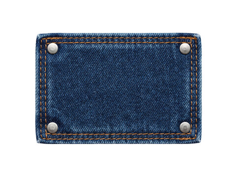 A rectangular denim fabric label patch with metal rivets on transparent background