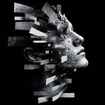 A fragmented grayscale digital art piece of a human face dissolving into rectangular particles against a black background.