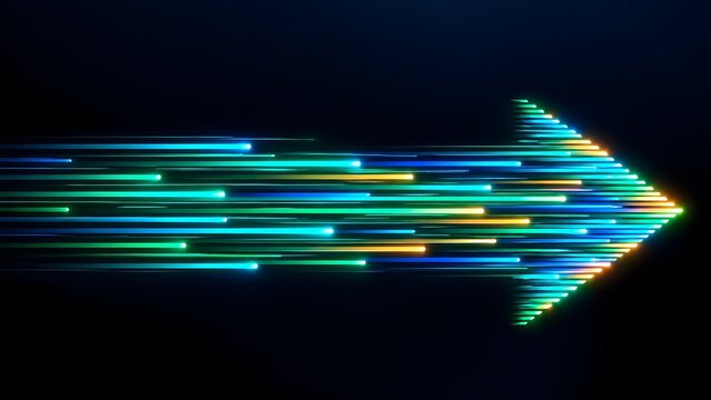 Sleek fast moving arrow formed by glowing cyan and gold light trails on a dark navy background representing speed and focus