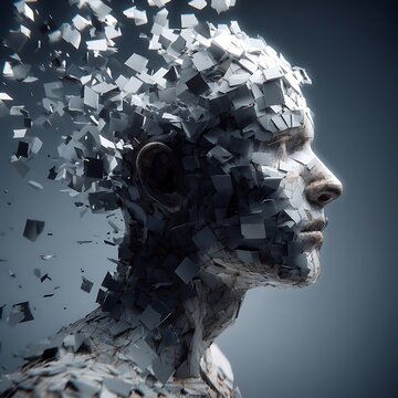 A fragmented human head made of metallic squares disintegrates into pieces against a dark background, symbolizing digital transformation or deconstruction.