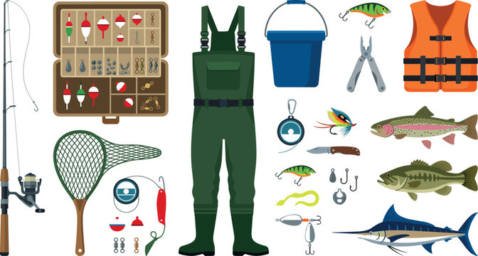 Fishing equipment vector icon set featuring rods tackle boxes waders landing nets life jackets and various fish species on white background