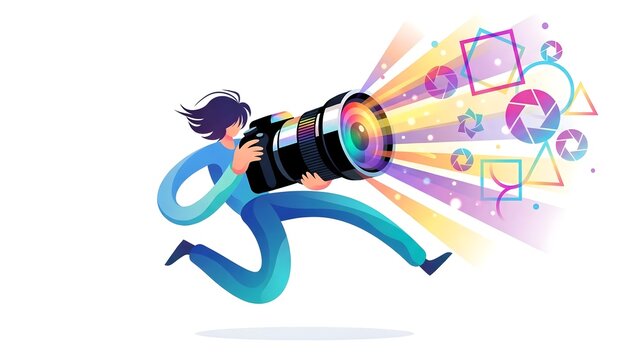 Modern Alegria Male Faceless Photographer Hair Oversized Camera Rainbow Lens Vibrant Rays Fluid Running Pose Aperture Symbols Floating Geometric Frames White Background