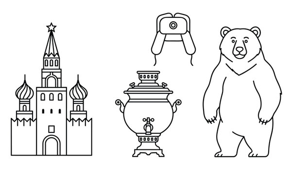 Outline vector illustration set featuring iconic Russian symbols like Kremlin tower, ushanka hat, samovar, and bear.