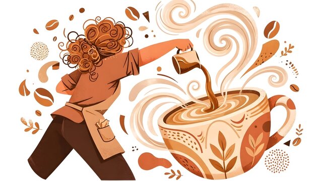 Contemporary Alegria Baristas Faceless Hair Pouring Giant Stylized Cups Sweeping Steam Swirls Coffee Beans Warm Aesthetic Tones White Background