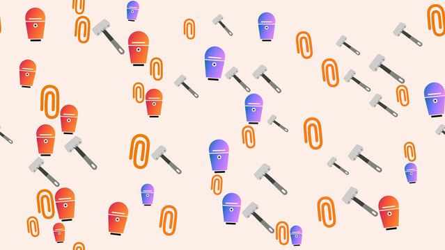Seamless pattern of paper clips, meat tenderizers, and stylized cups