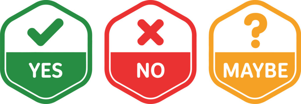 Check cross question mark icon set vector, yes no maybe symbol labels template design illustration for decision making, approval status, surveys, and feedback systems.