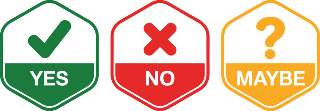Check cross question mark icon set vector, yes no maybe symbol labels template design illustration for decision making, approval status, surveys, and feedback systems.