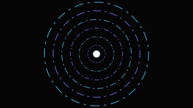 Abstract futuristic radar pulse with glowing concentric dashed circles and sound wave signal concept