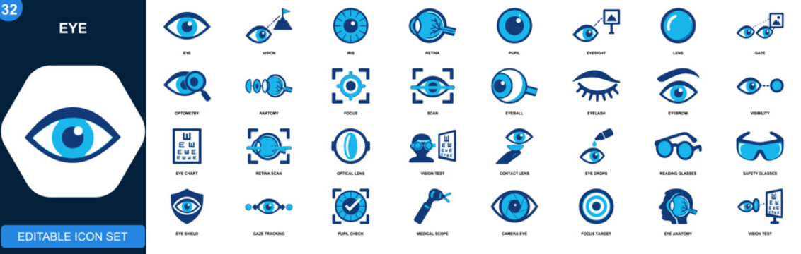 Eye icons collection. Vision care, iris anatomy, retina scan, pupil focus, optical lens, eyesight testing, gaze tracking, eye protection. Editable solid icons collection. Vector.