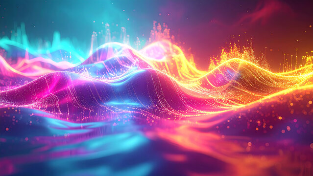 Dynamic glowing wave landscape with neon light particles