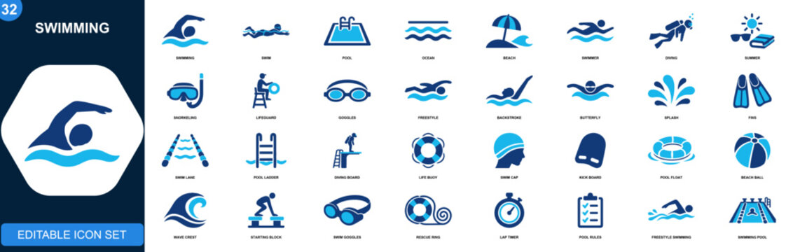 Swimming icon set. Pool, ocean, beach, swimmer poses, diving, snorkeling, aquatic sport, summer vacation, lifeguard safety. Editable solid icons collection. Vector.