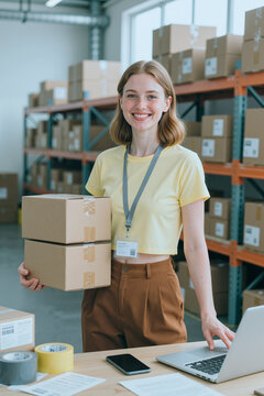Portrait of smiling young adult Caucasian female holding cardboard packages near laptop in warehouse. Useful for ecommerce logistics, supply chain management, vertical
