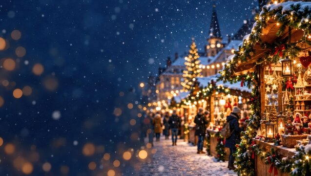 Christmas market stalls and decorated trees beside a snowy village street at night. Seasonal holiday shopping and festive winter celebration. Traditional European Christmas market