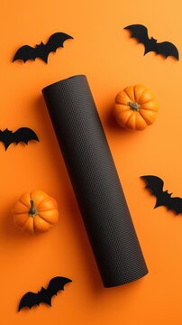 Black cosmetic tube mockup surrounded by miniature pumpkins and paper bat silhouettes on vibrant orange background for Halloween product presentation