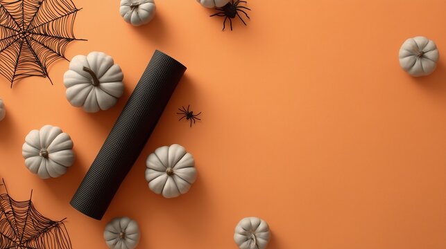 Minimalist Halloween flat lay composition featuring white pumpkins, black candle, spiders and cobwebs arranged on vibrant orange background with copy space for seasonal marketing