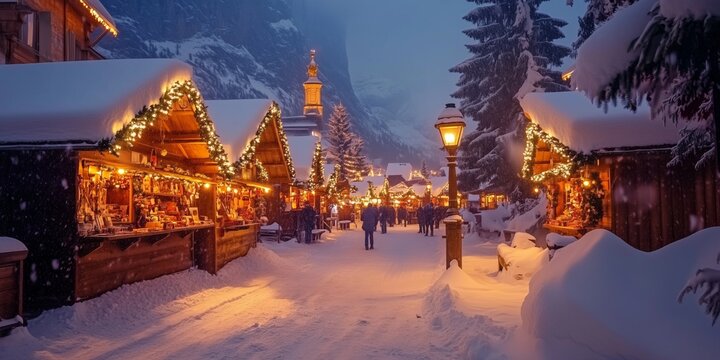 a romantically illuminated Christmas market in the evening with many stalls in deep snow
