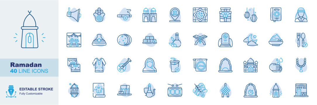 Ramadan Editable Stroke Line Icons Set. Islamic Holy Month, Mosque, Crescent Moon, Iftar, Fasting Vector Illustration
