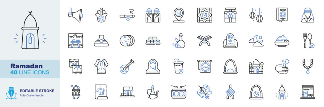 Ramadan Editable Stroke Line Icons Set. Islamic Holy Month, Mosque, Crescent Moon, Iftar, Fasting and Muslim Celebration Vector Illustration